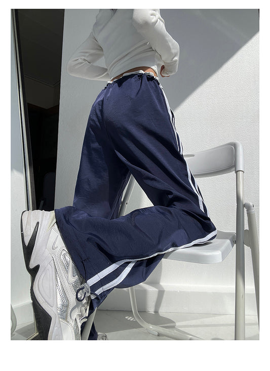 Ribbon Parallel Bars Contrast Color Loose Straight Slimming Draping Pants