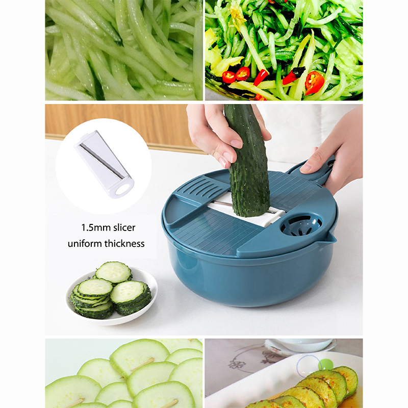 Handheld Chopper, Slicer, Grater, Mashing and Shredding for Vegetable, Potato, Radish, Carrot, Multifunctional Blades, Brush and Peeler with Container and Drain Basket. All in one sets