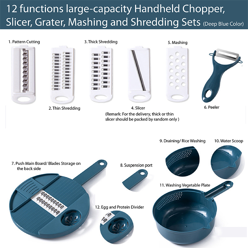 Handheld Chopper, Slicer, Grater, Mashing and Shredding for Vegetable, Potato, Radish, Carrot, Multifunctional Blades, Brush and Peeler with Container and Drain Basket. All in one sets
