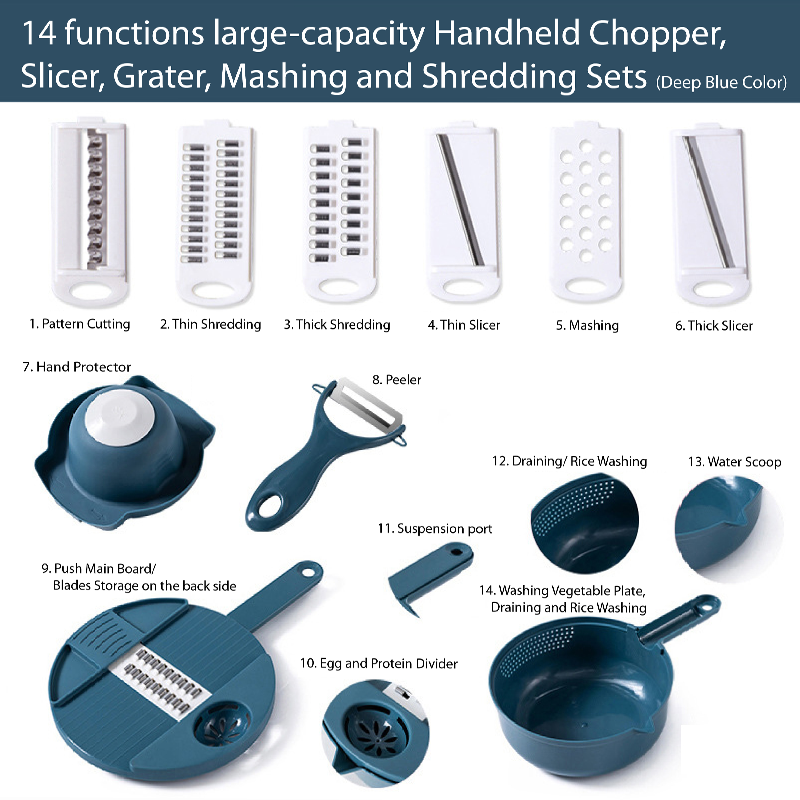 Handheld Chopper, Slicer, Grater, Mashing and Shredding for Vegetable, Potato, Radish, Carrot, Multifunctional Blades, Brush and Peeler with Container and Drain Basket. All in one sets