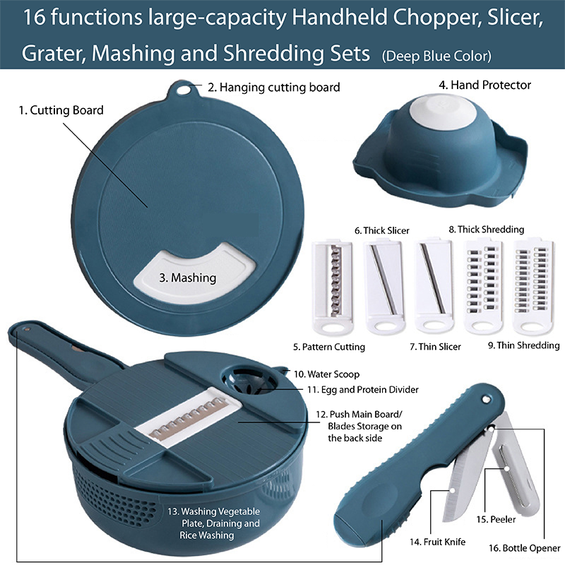 Handheld Chopper, Slicer, Grater, Mashing and Shredding for Vegetable, Potato, Radish, Carrot, Multifunctional Blades, Brush and Peeler with Container and Drain Basket. All in one sets