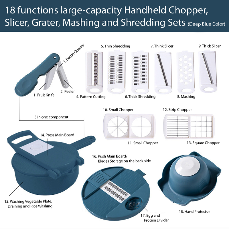 Handheld Chopper, Slicer, Grater, Mashing and Shredding for Vegetable, Potato, Radish, Carrot, Multifunctional Blades, Brush and Peeler with Container and Drain Basket. All in one sets
