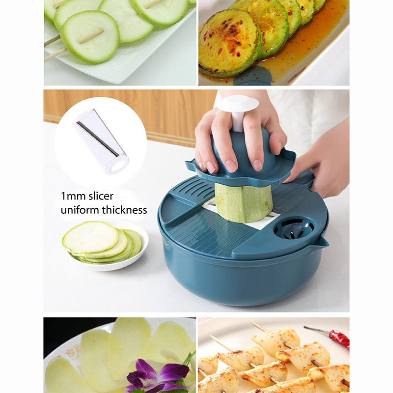 Handheld Chopper, Slicer, Grater, Mashing and Shredding for Vegetable, Potato, Radish, Carrot, Multifunctional Blades, Brush and Peeler with Container and Drain Basket. All in one sets