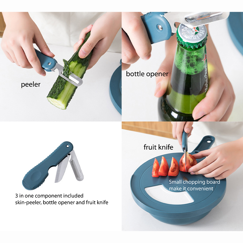 Handheld Chopper, Slicer, Grater, Mashing and Shredding for Vegetable, Potato, Radish, Carrot, Multifunctional Blades, Brush and Peeler with Container and Drain Basket. All in one sets
