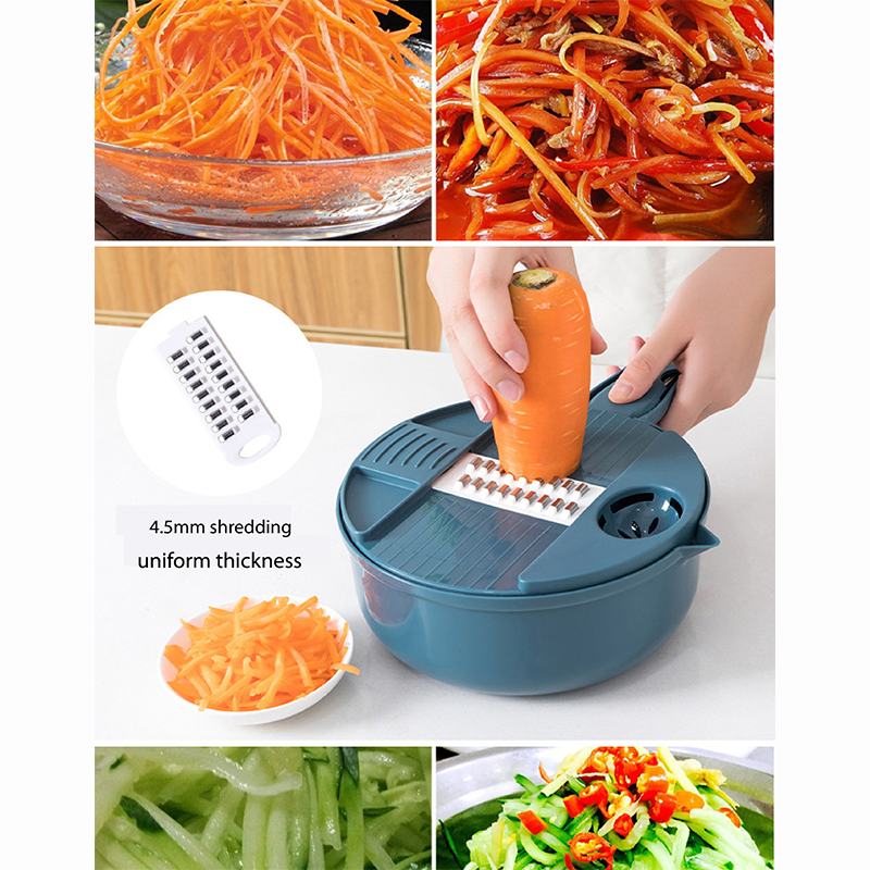 Handheld Chopper, Slicer, Grater, Mashing and Shredding for Vegetable, Potato, Radish, Carrot, Multifunctional Blades, Brush and Peeler with Container and Drain Basket. All in one sets