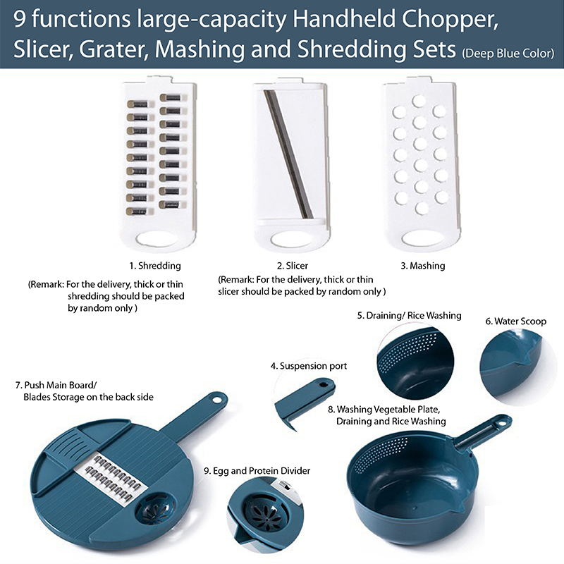 Handheld Chopper, Slicer, Grater, Mashing and Shredding for Vegetable, Potato, Radish, Carrot, Multifunctional Blades, Brush and Peeler with Container and Drain Basket. All in one sets