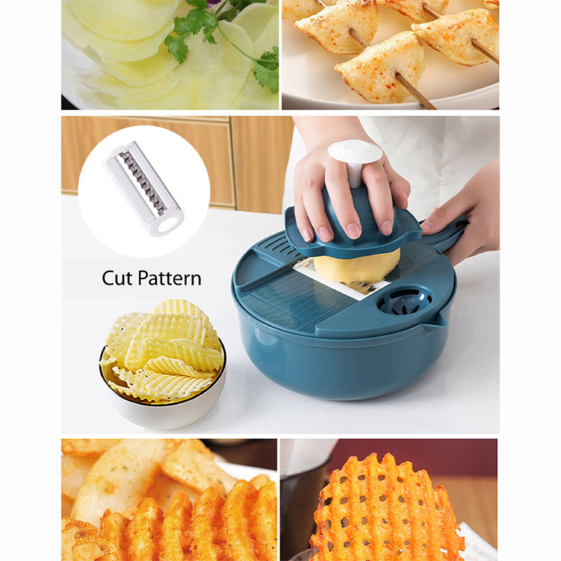 Handheld Chopper, Slicer, Grater, Mashing and Shredding for Vegetable, Potato, Radish, Carrot, Multifunctional Blades, Brush and Peeler with Container and Drain Basket. All in one sets
