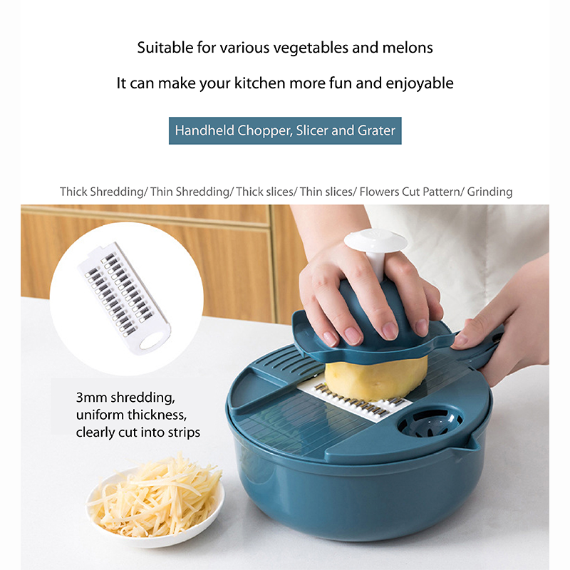 Handheld Chopper, Slicer, Grater, Mashing and Shredding for Vegetable, Potato, Radish, Carrot, Multifunctional Blades, Brush and Peeler with Container and Drain Basket. All in one sets