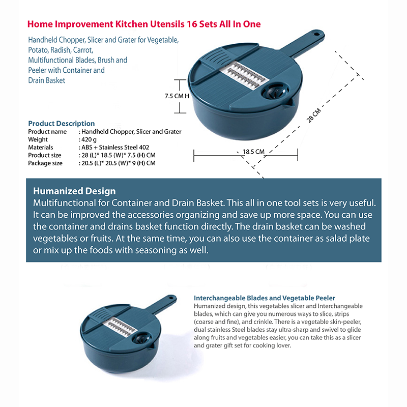 Handheld Chopper, Slicer, Grater, Mashing and Shredding for Vegetable, Potato, Radish, Carrot, Multifunctional Blades, Brush and Peeler with Container and Drain Basket. All in one sets