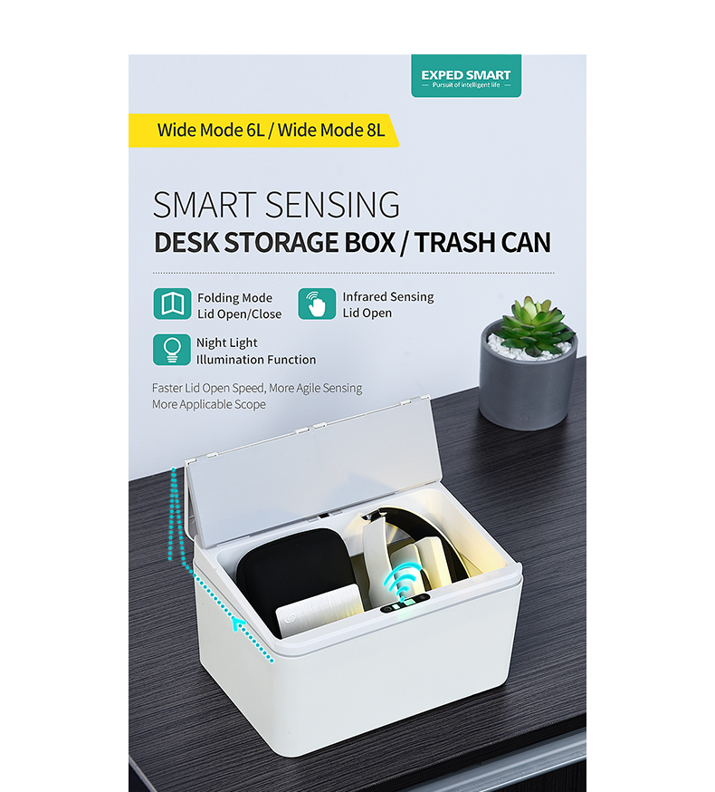 6L / 8L Rectangle Sensor Folding Lid Storage Box Trash Box LED Light