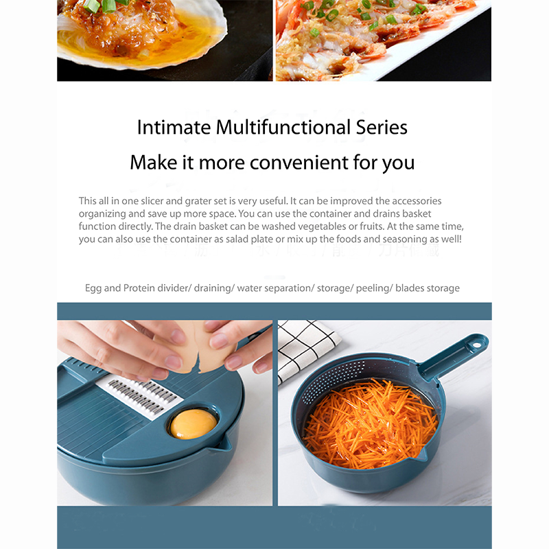 Handheld Chopper, Slicer, Grater, Mashing and Shredding for Vegetable, Potato, Radish, Carrot, Multifunctional Blades, Brush and Peeler with Container and Drain Basket. All in one sets