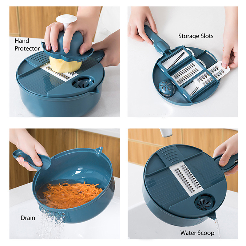 Handheld Chopper, Slicer, Grater, Mashing and Shredding for Vegetable, Potato, Radish, Carrot, Multifunctional Blades, Brush and Peeler with Container and Drain Basket. All in one sets