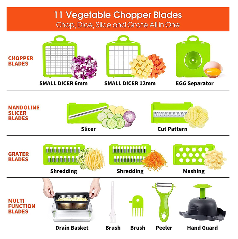 Chopper, Slicer and Grater for Vegetable, Melons, Onion, Garlic, Radish, Carrot, Chocolate, Cheese, Potatoes, Tomatoes, Cucumbers, Ginger. Multifunctional Blades