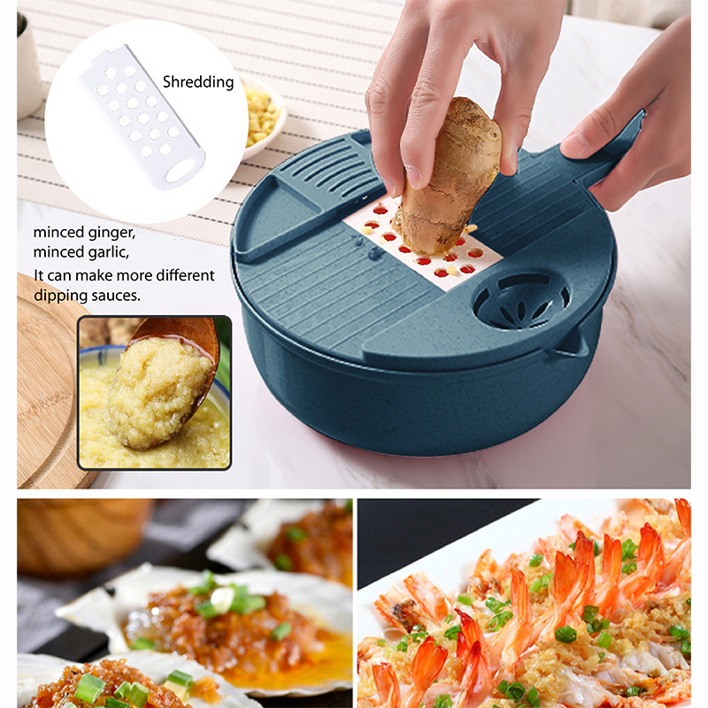 Handheld Chopper, Slicer, Grater, Mashing and Shredding for Vegetable, Potato, Radish, Carrot, Multifunctional Blades, Brush and Peeler with Container and Drain Basket. All in one sets