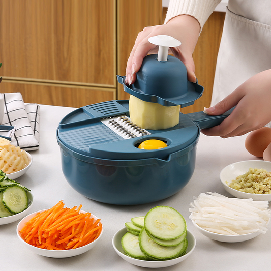 Handheld Chopper, Slicer, Grater, Mashing and Shredding for Vegetable, Potato, Radish, Carrot, Multifunctional Blades, Brush and Peeler with Container and Drain Basket. All in one sets