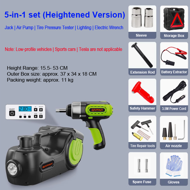 Electric Car Jack Set (Heightened Version), Electric Jack, Air Pump with Digital Display, Tire Pressure Tester, LED Light and Electric Impact Wrench
